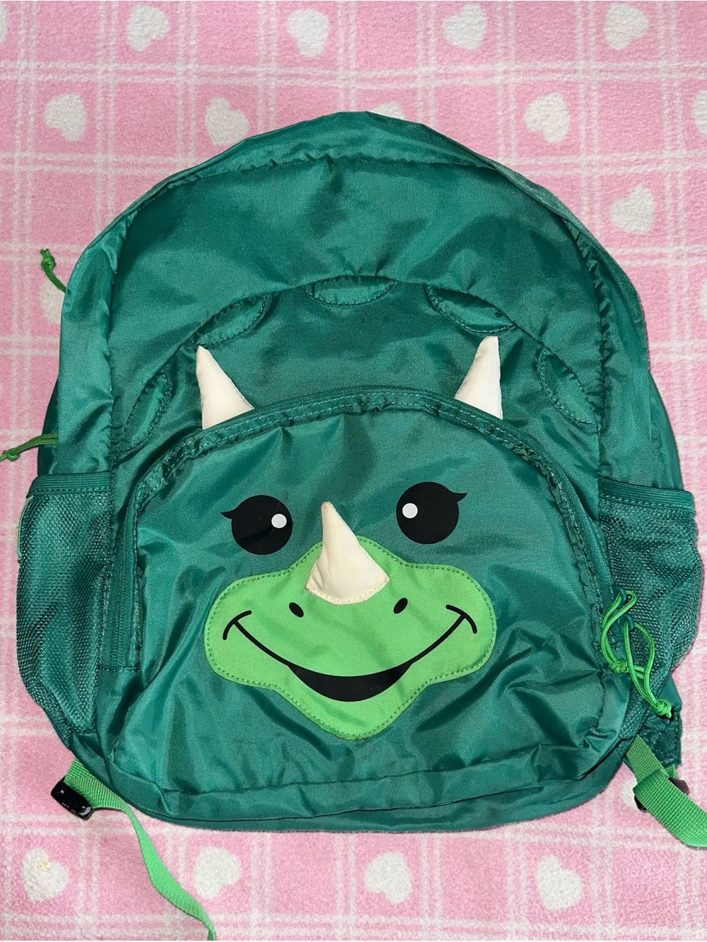 Kids Green Dinosaur Backpack with 3D Horns - Cute Dino Face
